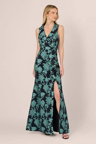 Floral Jacquard Shawl Collar Gown - Dresses Boutique B.V.