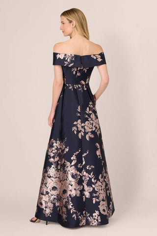 Off Shoulder Metallic Floral Jacquard Gown - Dresses Boutique B.V.