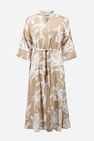 Satin Floral Print Trapeze Shirt Dress Beige Vanilla - Dresses Boutique B.V.