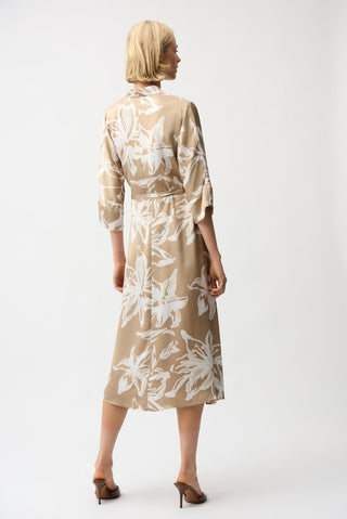 Satin Floral Print Trapeze Shirt Dress Beige Vanilla - Dresses Boutique B.V.