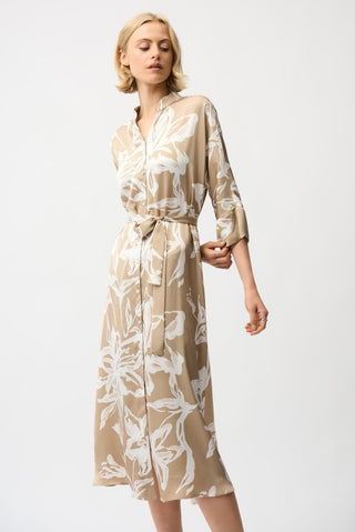 Satin Floral Print Trapeze Shirt Dress Beige Vanilla - Dresses Boutique B.V.