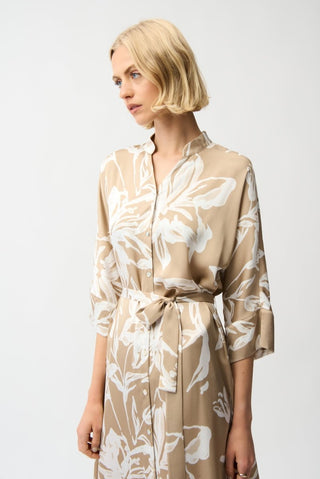 Satin Floral Print Trapeze Shirt Dress Beige Vanilla - Dresses Boutique B.V.