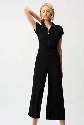 Silky Knit Culotte Jumpsuit With Gold Zipper Black - Dresses Boutique B.V.