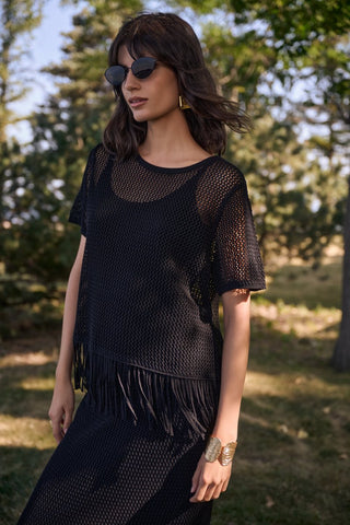 Viscose Sweater Knit Top With Fringe Trim - Dresses Boutique B.V.